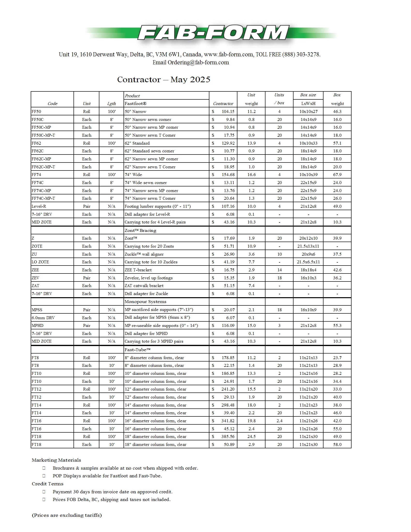 Contractor Pricing April 2024